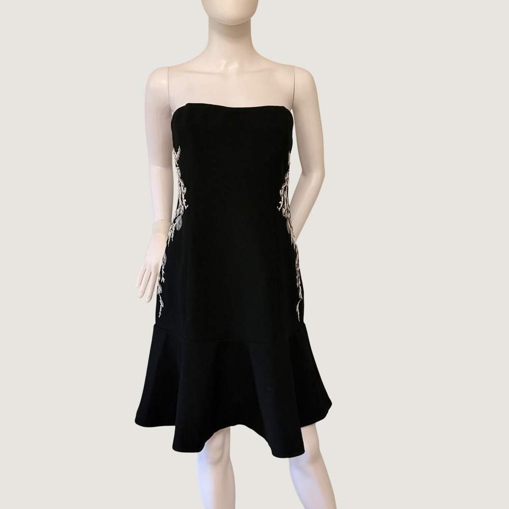 White House Black Market Womens Embroidered Strapless Flounce Hem Dress Black 10